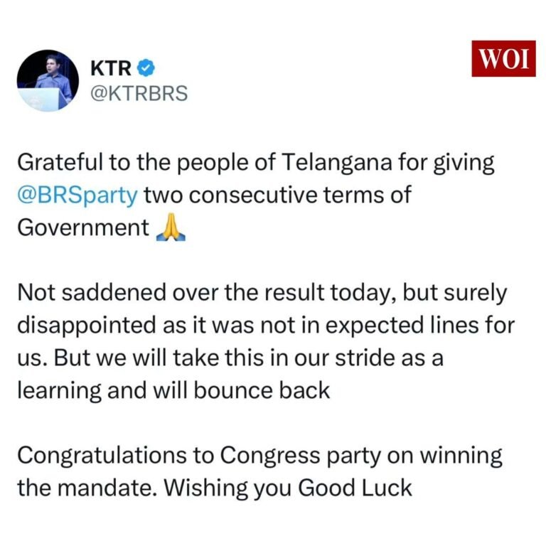 By PRIYANKA PASUPULETI  From Confidence to Dismay: KTR Wrestles with Election Outcome Shock KTR, a prominent politician from Sircilla, displayed a positive outlook on social media following the recent election results. He expressed gratitude to the people of Telangana for supporting the BRS party for two terms and shared his thoughts on their first loss since the formation of the state. KTR acknowledged the unexpected outcome, stating, "Not saddened over the result today, but surely disappointed as it was not in expected lines for us. He viewed the results as a learning experience and a chance for a comeback. Concluding his message, he extended congratulations to the Congress party on their victory and wished them good luck.