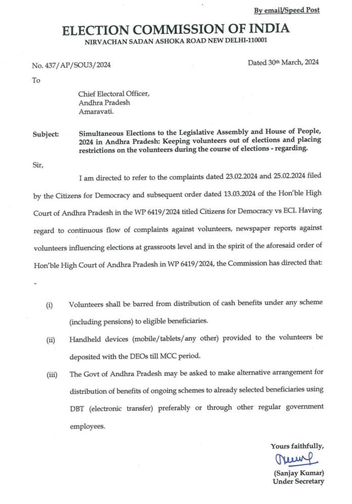 EC Restrictions On Volunteers of Andhrapradesh in respect of due to election code